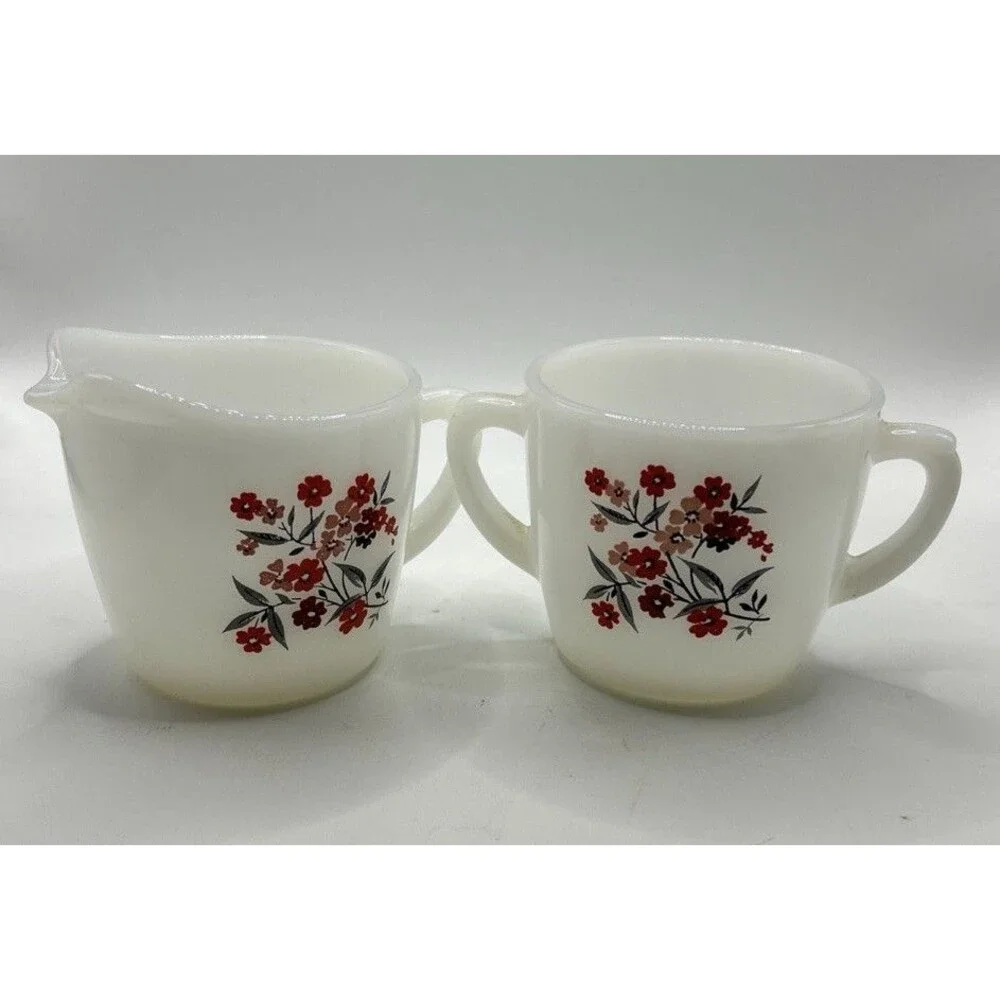 Fire King Primrose VTG  Sugar Bowl And Creamer Set MCM Milk Glass EUC